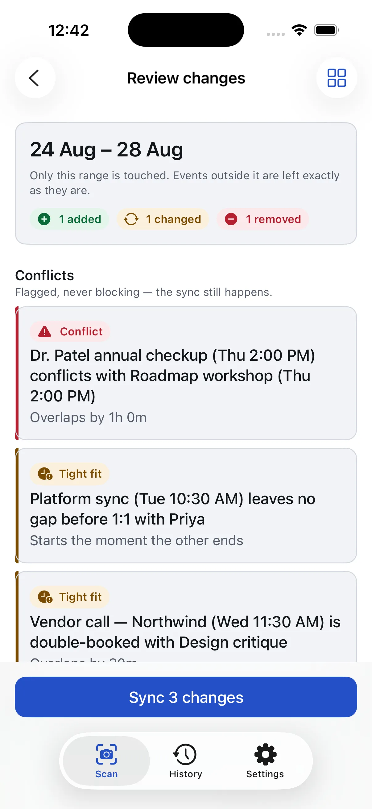 CalAround's change review for 24–28 August: one event added, one changed, one removed, with a red conflict warning that Dr. Patel annual checkup at Thursday 2:00 PM overlaps Roadmap workshop by one hour.