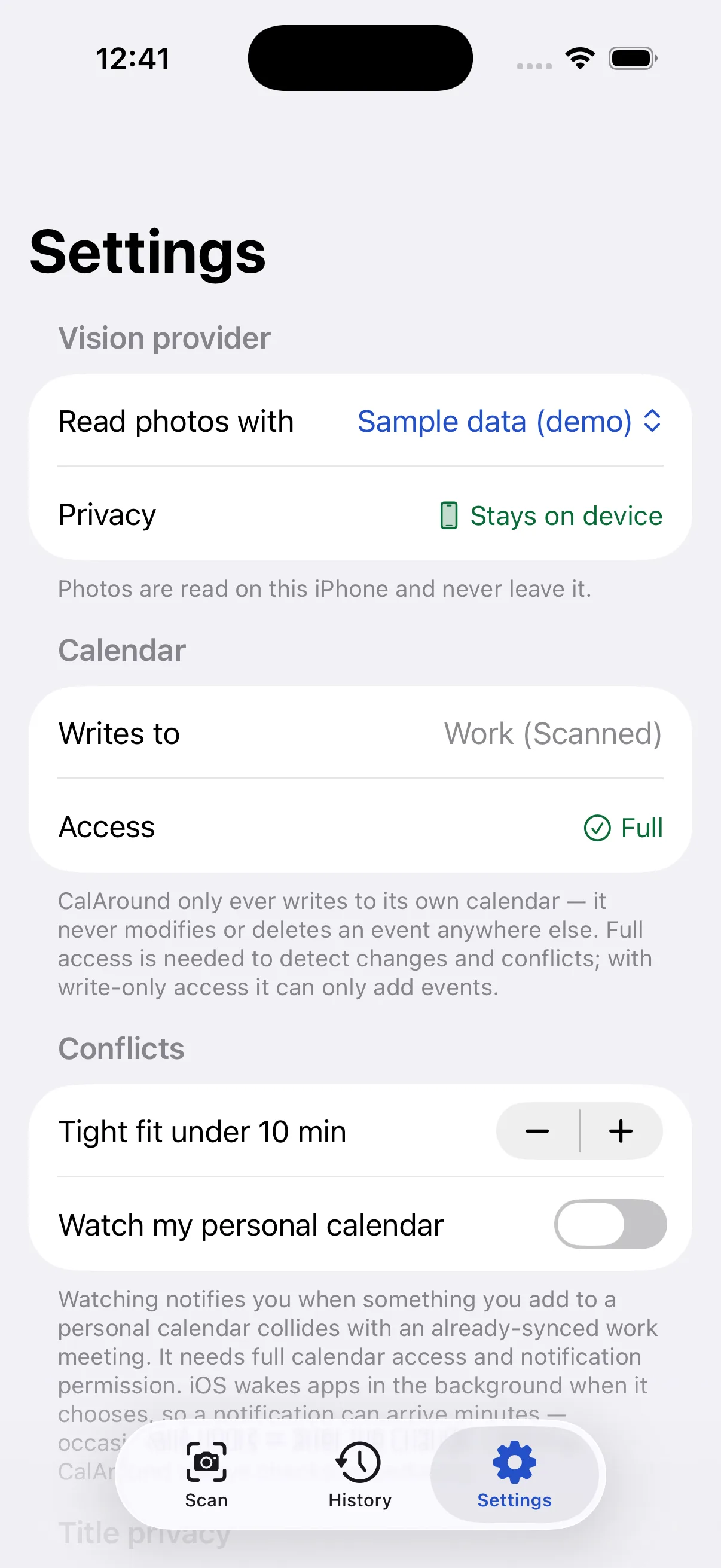 Settings, showing the vision provider picker set to Sample data with a Stays on device privacy badge, the target calendar Work (Scanned), and full calendar access.