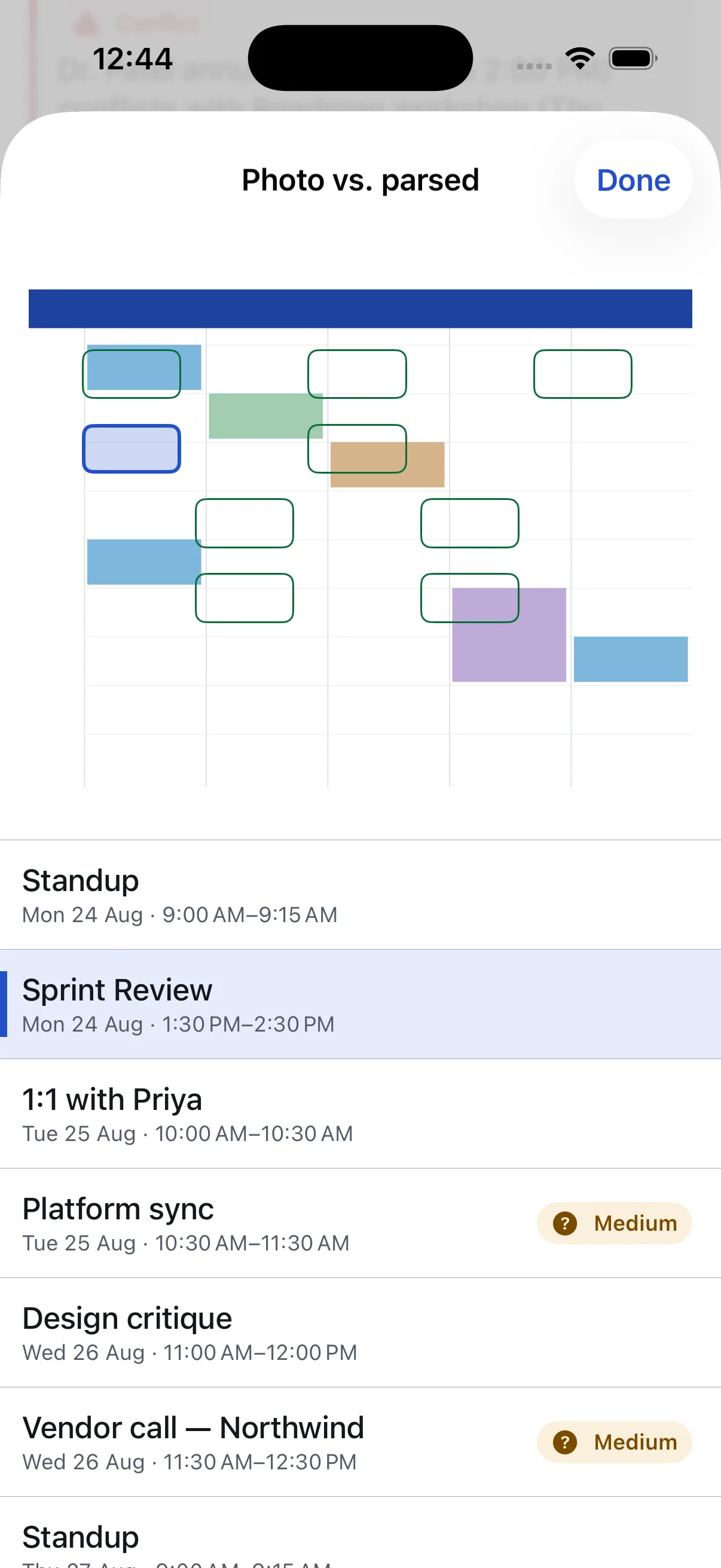 Photo vs. parsed: the original photograph with each detected event outlined, beside the list of events read from it, with the selected row highlighted in both.