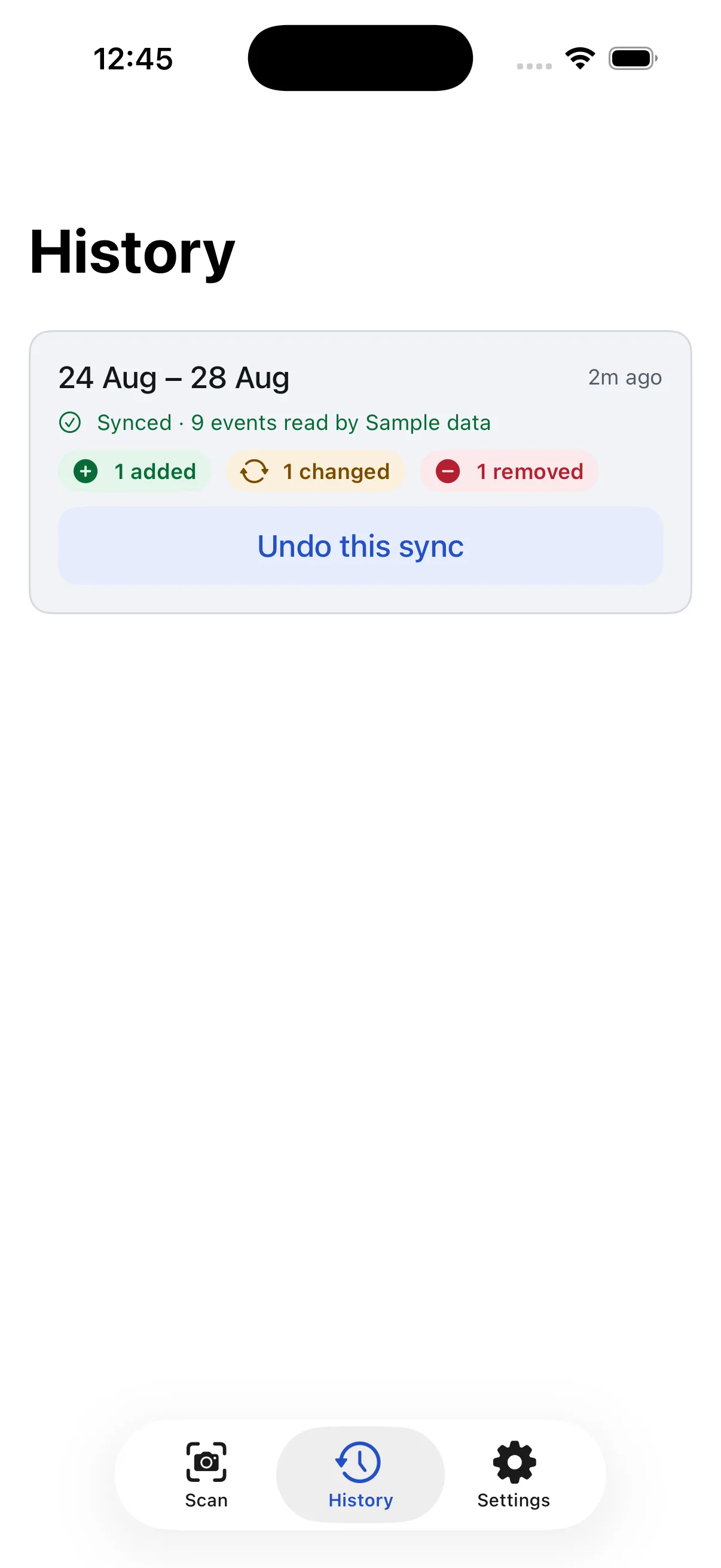 The History screen showing a sync of 24–28 August that added one event, changed one, and removed one, with an Undo this sync button.